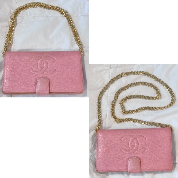 ✨Authentic Vintage CHANEL CC Logo Timeless Pink Caviar Leather Wallet On Chain - Picture 15 of 16